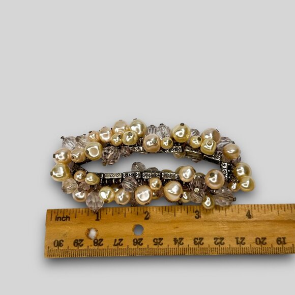 Simulated Pearl & Faceted Glass Bead Bracelet Stretch EUC Boho Bohemian Elegant - Picture 10 of 10